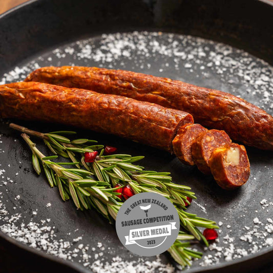 2 pack brisket and cheese kranskys 250–300g – mild, gluten free, NZ grass-fed brisket, 2023 NZ sausage awards silver medal