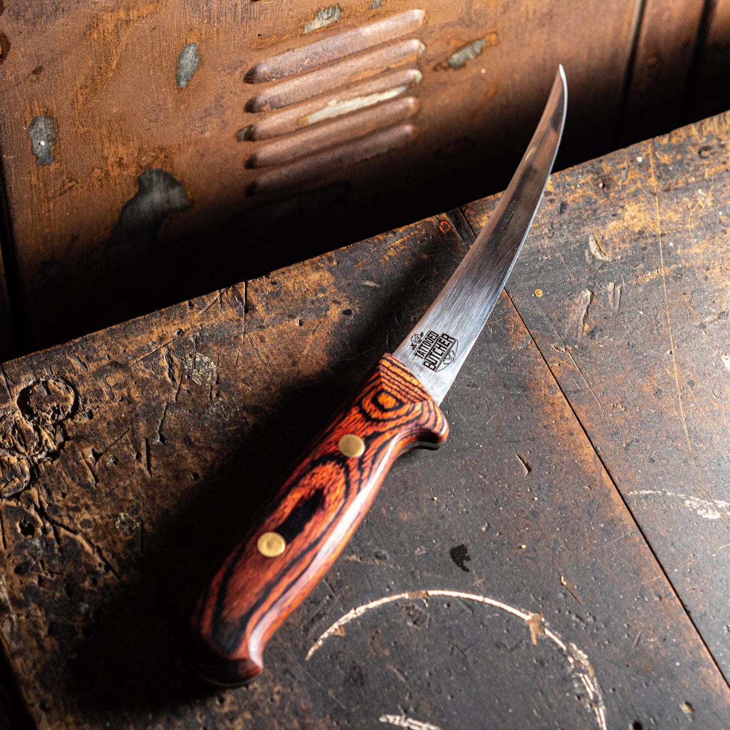 Victory Knives & Tattooed Butcher Full Tang Boning Knife 15cm – German stainless steel, custom handle, professional butchery knife, NZ made on bench