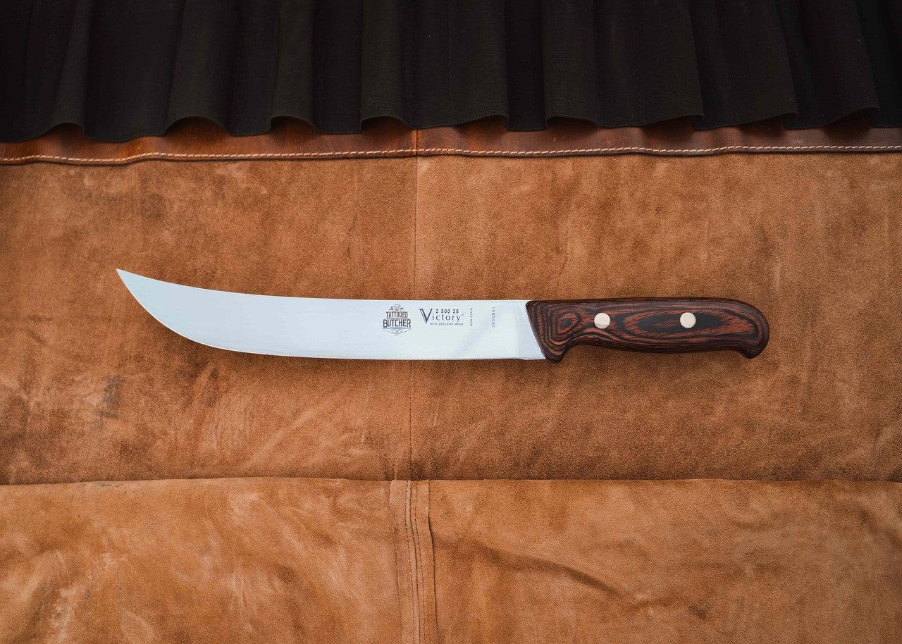 Full Tang Butchers Steak Knife 25cm – Victory Knives & The Tattooed Butcher Collaboration laid out chop