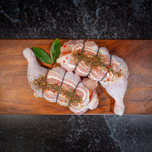 550-600g half rolled chicken – NZ free range, stuffed with chorizo, cheese & bacon sausage meat, wrapped in bacon