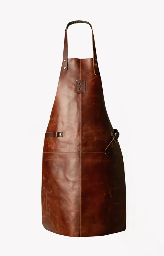 Cognac smooth leather apron with adjustable waist belt and neck strap, flame and spark resistant, durable and stylish workshop apron
