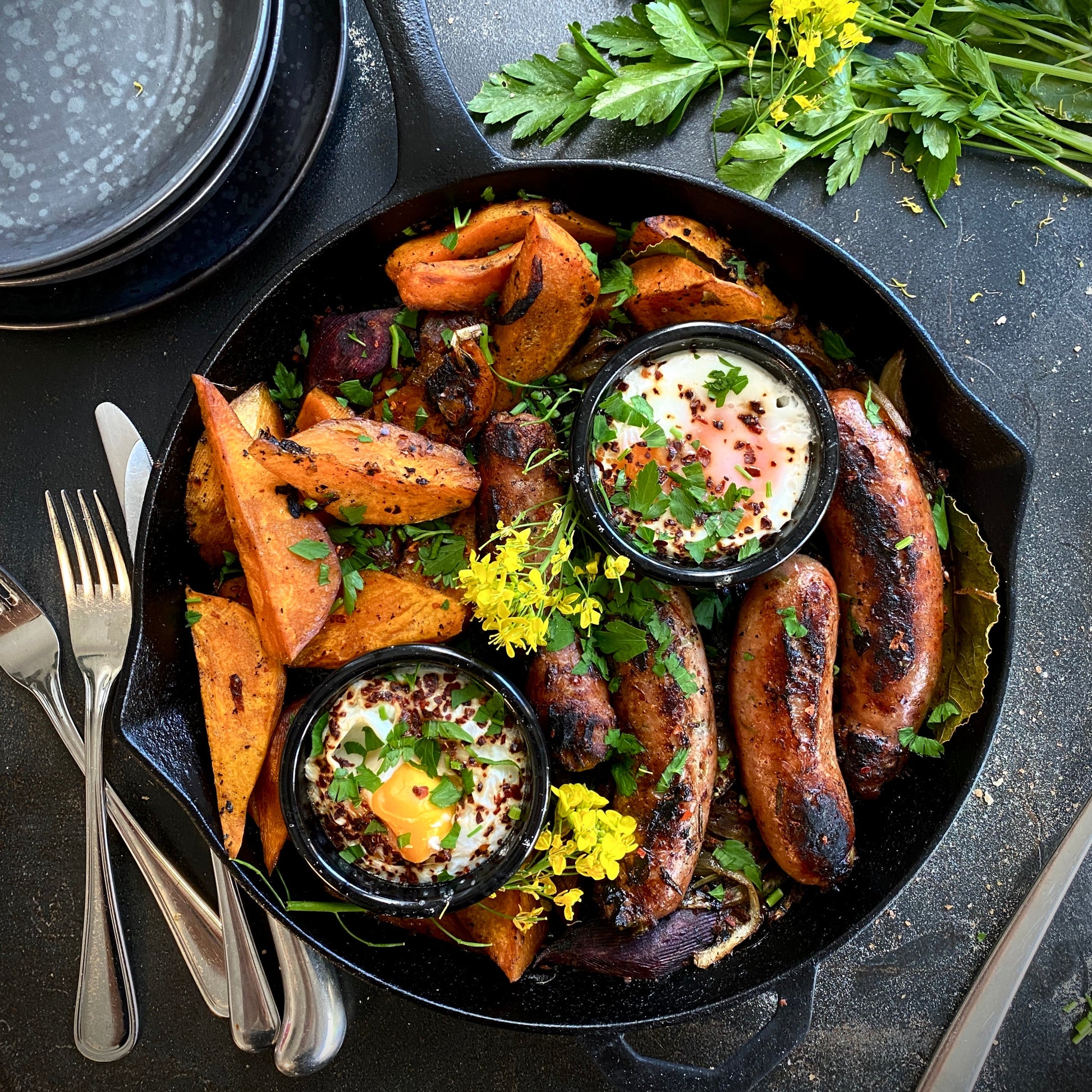 Chop Butchers Box featuring streaky bacon, scotch fillet steaks, Mexican jalapeno & cheese sausages, butterfly chicken, and pork slices

