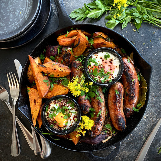 Chop Butchers Box featuring streaky bacon, scotch fillet steaks, Mexican jalapeno & cheese sausages, butterfly chicken, and pork slices

