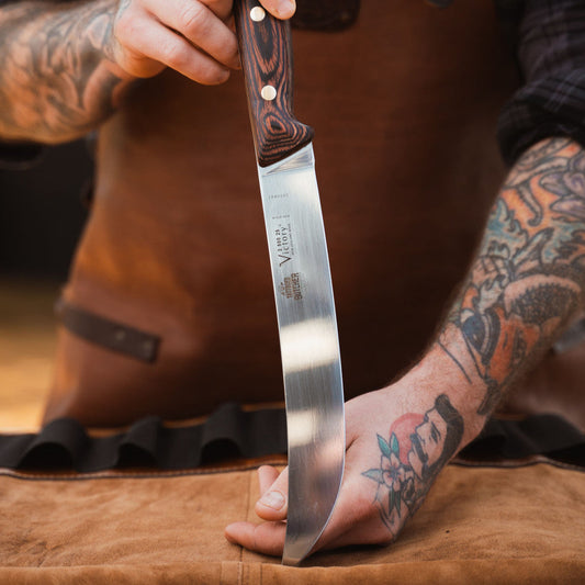 Victory Knives & The Tattooed Butcher Full Tang Butchers Steak Knife 25cm – German stainless steel, professional steak knife, NZ made James Smith