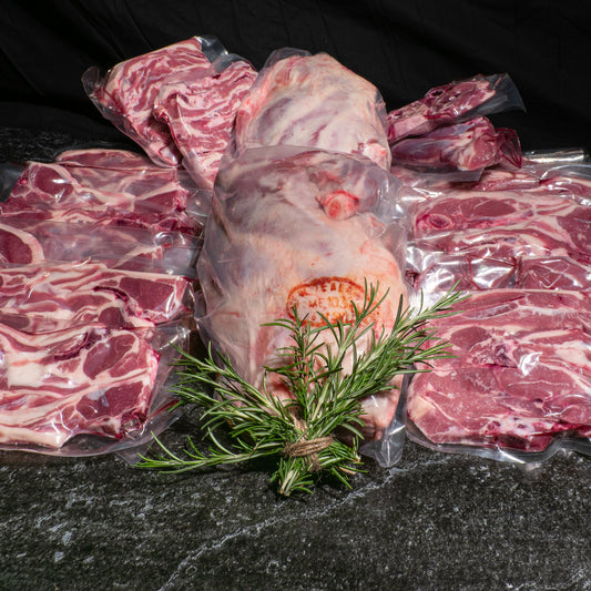 NZ whole lamb box weighing approximately 16 to 19kg, fresh New Zealand lamb cut into roast, chops, racks, and shanks, delivered fresh and labelled

