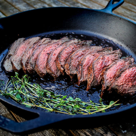 The Beef Box with sirloin steaks, scotch fillet steaks, prime beef mince, diced brisket, and brisket & onion sausages

