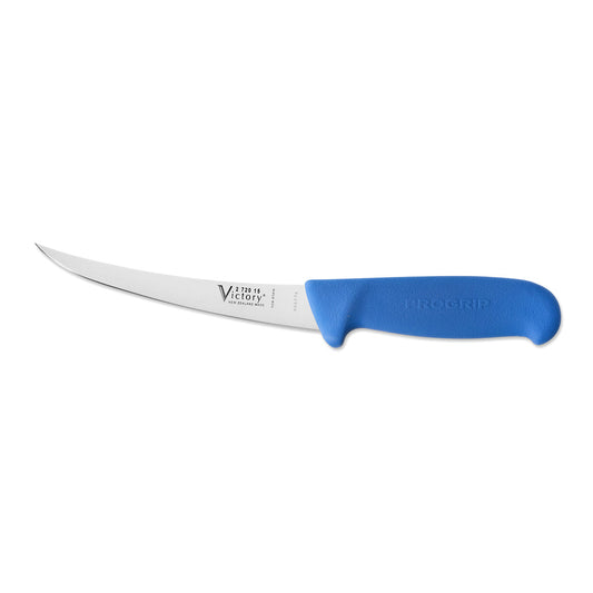 Victory Blue Narrow Curved Boning Knife 15cm – stainless steel blade for boning, trimming, and filleting, professional quality NZ-made knife

