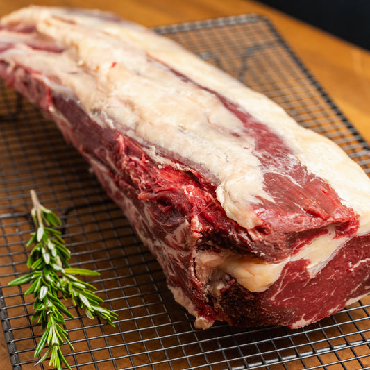Whole NZ grass-fed Scotch fillet weighing 3.2kg to 3.5kg, available whole or half, with custom cutting options